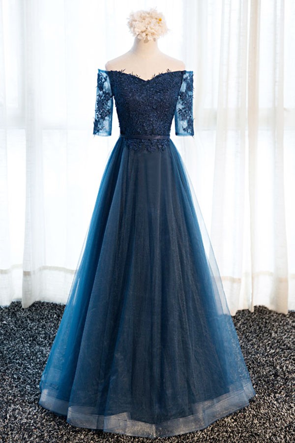 A-line One Shoulder Floor-Length Tulle Prom Dresses With Sequins Appliques Lace main image 0