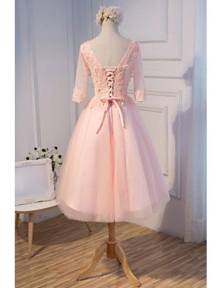 Vintage A-line V-neck Tea-length Tulle Homecoming Dress With Appliques Lace