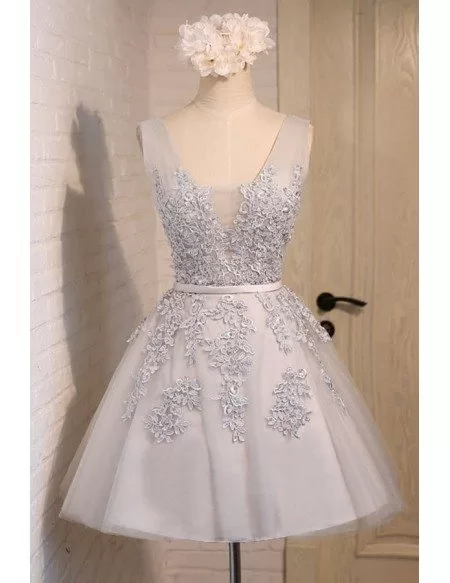 Dusty Ball-gown V-neck Short Homecoming Dress With Appliques Lace