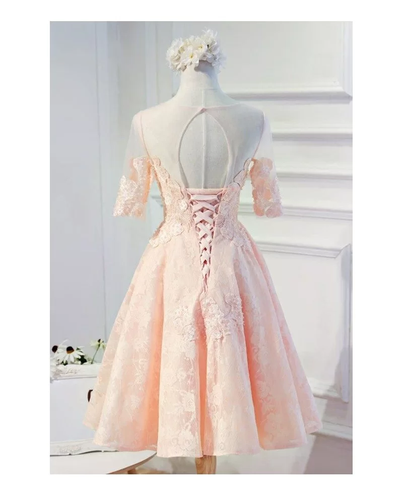 Vintage Pink Lace Homecoming Dresses with Sleeves Tea Length Tulle with ...