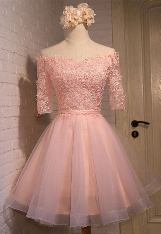 2017 Pink Homecoming Dresses with Off the Shoulder Sleeves Short Tulle ...