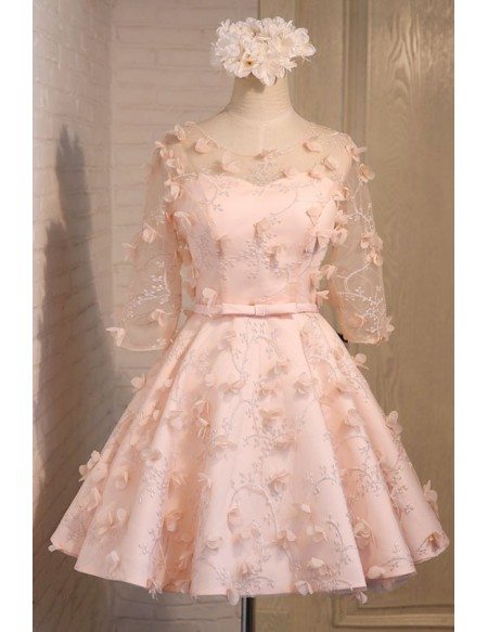 Champagne A-line Scoop Neck Short Tulle Homecoming Dress With Flowers
