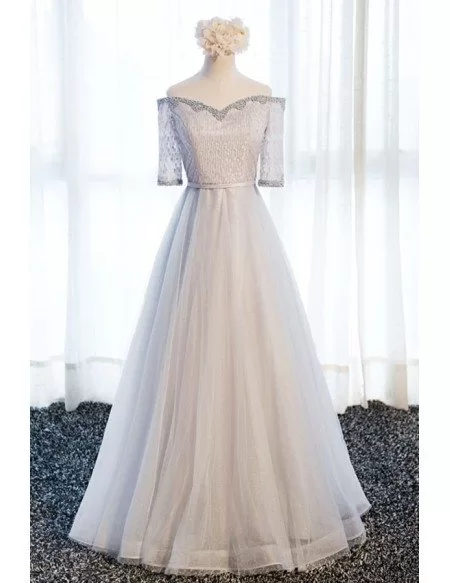 Elegant A Line Off The Shoulder Floor Length Tulle Prom Dress With
