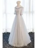 Elegant A-line Off-the-shoulder Floor-length Tulle Prom Dress With Beading