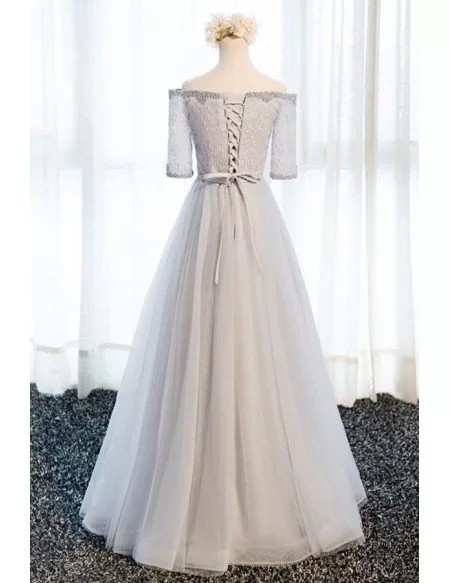 Elegant A-line Off-the-shoulder Floor-length Tulle Prom Dress With Beading
