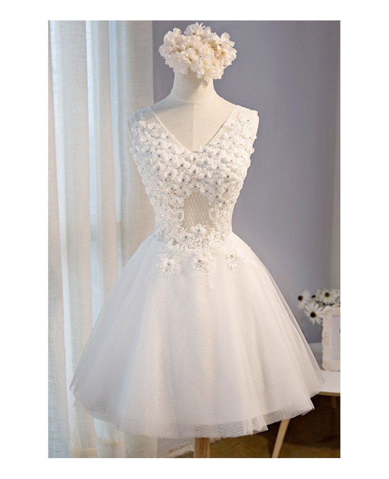 Unique Flowers Homecoming Dresses White V Neck Short Tulle With ...