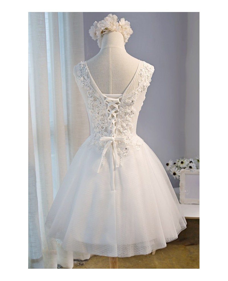 Unique Flowers Homecoming Dresses White V Neck Short Tulle With ...