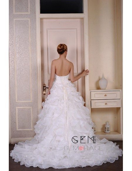 Ball-Gown Sweetheart Court Train Organza Wedding Dress With Appliquer Lace Cascading Ruffles