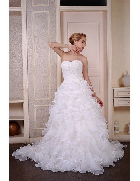Ball-Gown Sweetheart Court Train Organza Wedding Dress With Appliquer Lace Cascading Ruffles