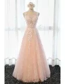 Feminine A-line Scoop Neck Floor-length Tulle Prom Dress With Appliques Lace