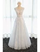 Feminine A-line Scoop Neck Floor-length Tulle Prom Dress With Appliques Lace