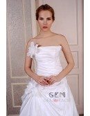 Ball-Gown Strapless Sweep Train Satin Tulle Wedding Dress With Flowers Pleated