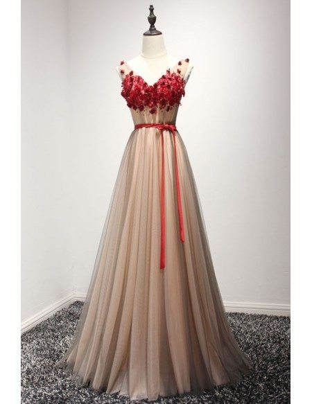 Special A-line V-neck Floor-length Tulle Prom Dress With Appliques Lace