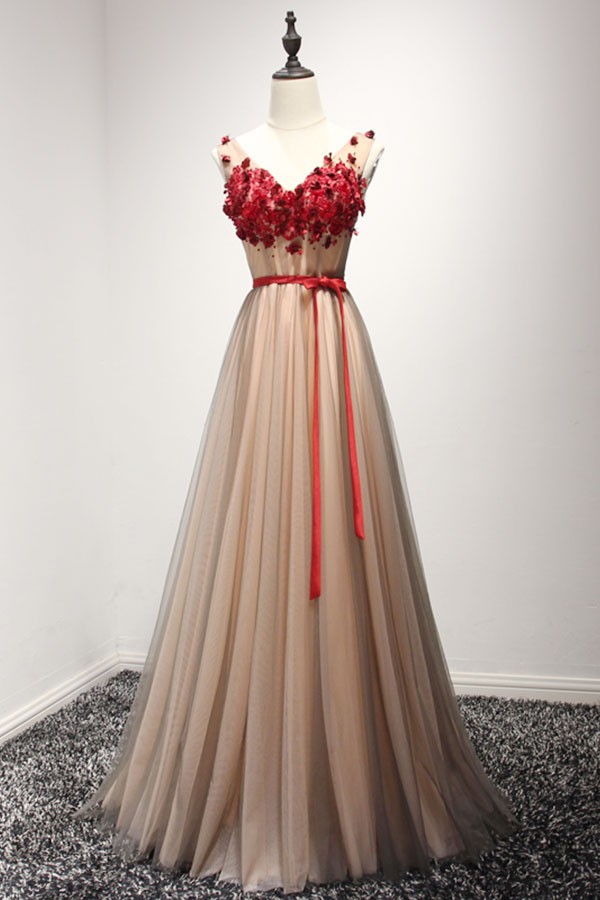 V-neck Tulle Floor-Length Sleeveless Prom Dresses with Appliques Lace