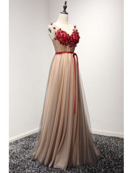 Special A-line V-neck Floor-length Tulle Prom Dress With Appliques Lace