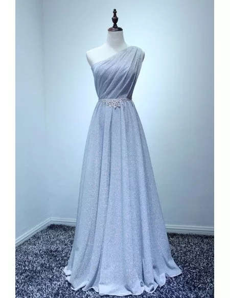 Elegant A-line One-shoulder Floor-length Sequined Prom Dress With Belt ...