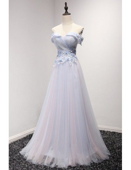 Sky Blue A-line Off-the-shoulder Floor-length Tulle Prom Dress With Appliques Lace