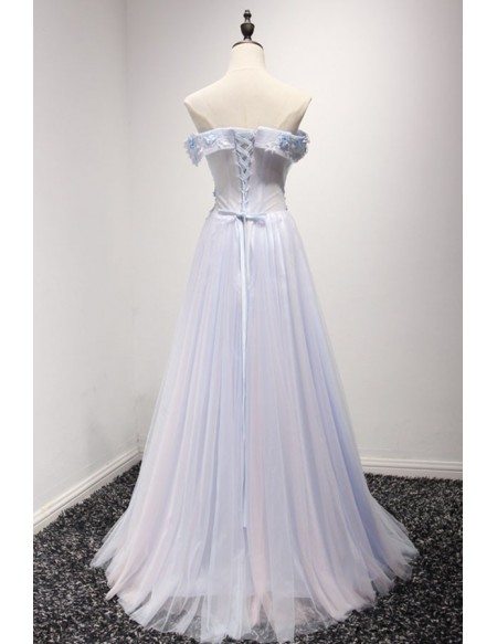 Sky Blue A-line Off-the-shoulder Floor-length Tulle Prom Dress With Appliques Lace