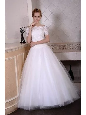 Ball-Gown Off-the-Shoulder Sweep Train Tulle Wedding Dress With Appliquer Lace