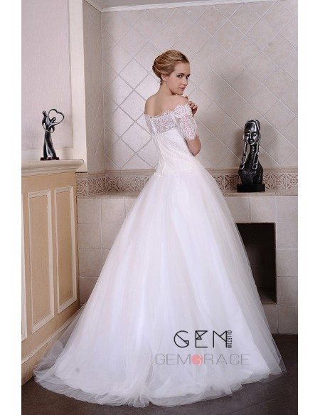 Ball-Gown Off-the-Shoulder Sweep Train Tulle Wedding Dress With Appliquer Lace
