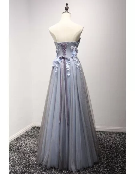 Dusty Blue A-line Strapless Floor-length Tulle Prom Dress With Appliques Lace