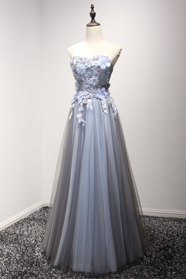 Dusty Blue A-line Strapless Floor-length Tulle Prom Dress With Appliques  Lace #AY010 $169.99 - GemGrace.com