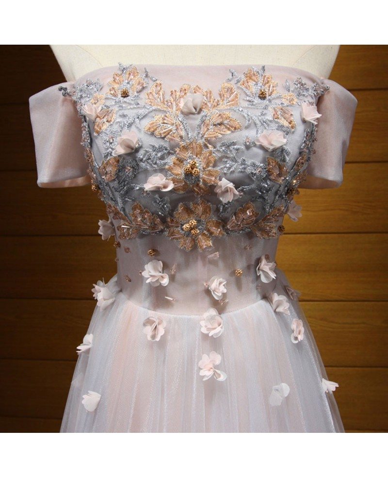 A Line Off The Shoulder Lace Tulle Floor Length Prom Dresses With Beading LBQ2257 main image 1