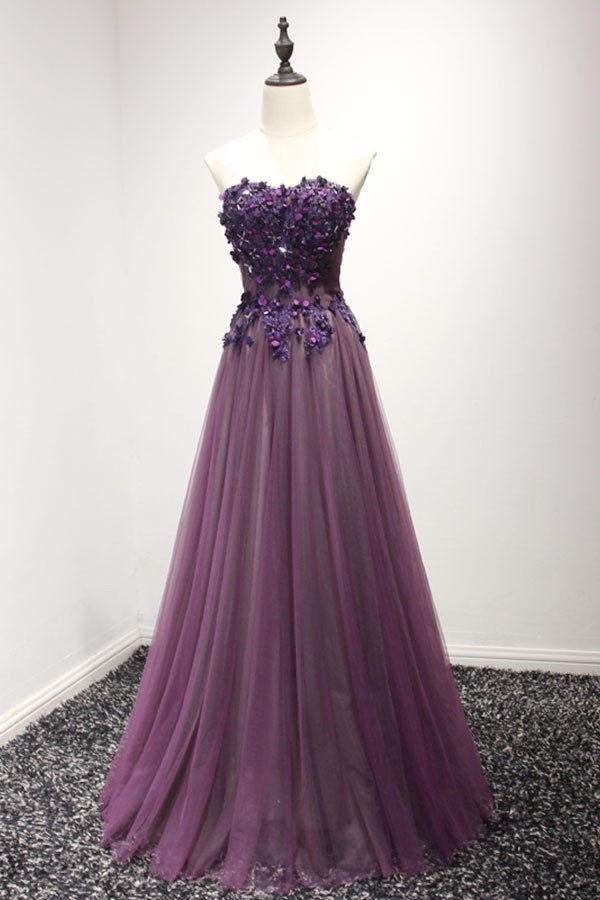 Rose Purple A Line Black Sweetheart Prom Dress