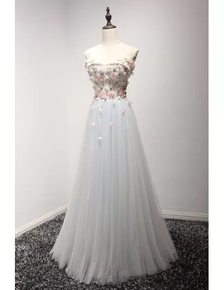 Blue A-line Sweetheart Floor-length Tulle Prom Dress With Appliques Lace