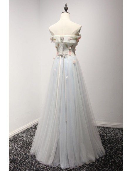 Blue A-line Sweetheart Floor-length Tulle Prom Dress With Appliques Lace
