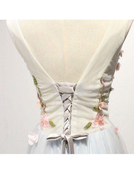 A Line Blue Tulle V Neck Lace Applique Prom Dress LBQ2454 main image 1
