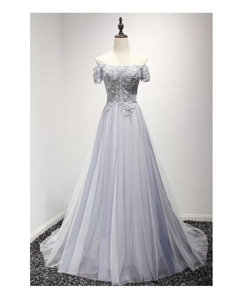 Dusty Blue A Line Off The Shoulder Floor Length Tulle Prom Dress With