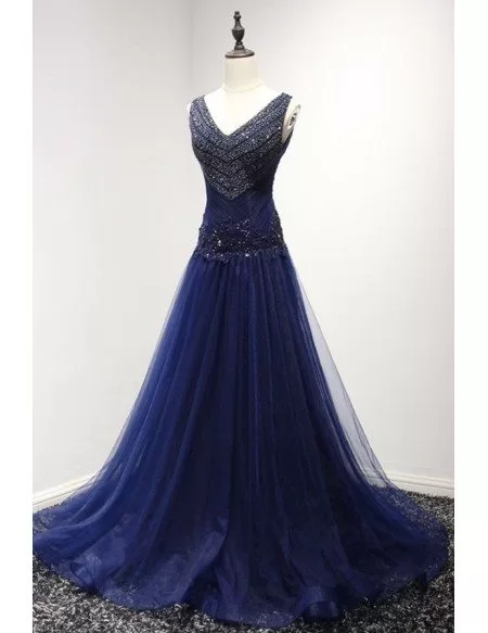 Purple A Line V Neck Floor Length Tulle Prom Dress With Beading Ay018 17899 