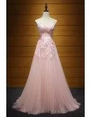 Pink A-line Sweetheart Floor-length Tulle Prom Dress With Appliques Lace