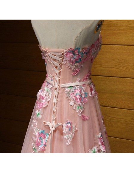 Pink A-line Sweetheart Floor-length Tulle Prom Dress With Appliques Lace