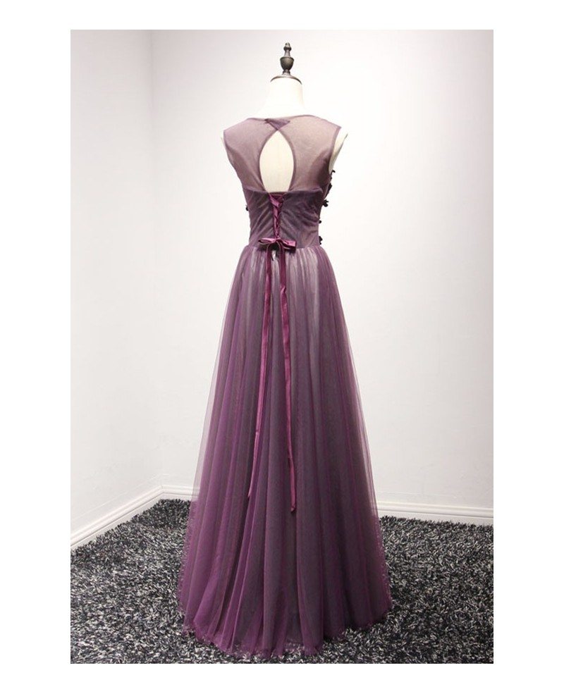 A-Line Pleated Tulle Floor-Length Dress Grape