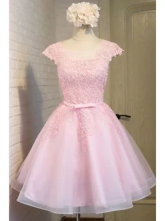 Gorgeous Pink Lace Short Tulle Party Dress with Cap Sleeves