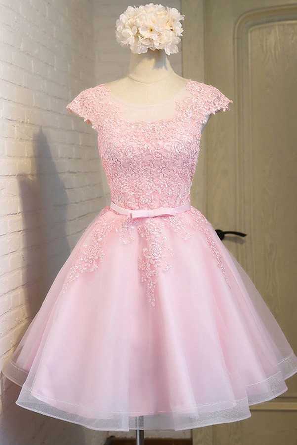 Cute Peach Pink Homecoming Dresses Lace Short Tulle Party Dress with ...