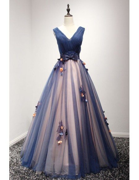 Special Ball-gown V-neck Floor-length Tulle Prom Dress With Flowers