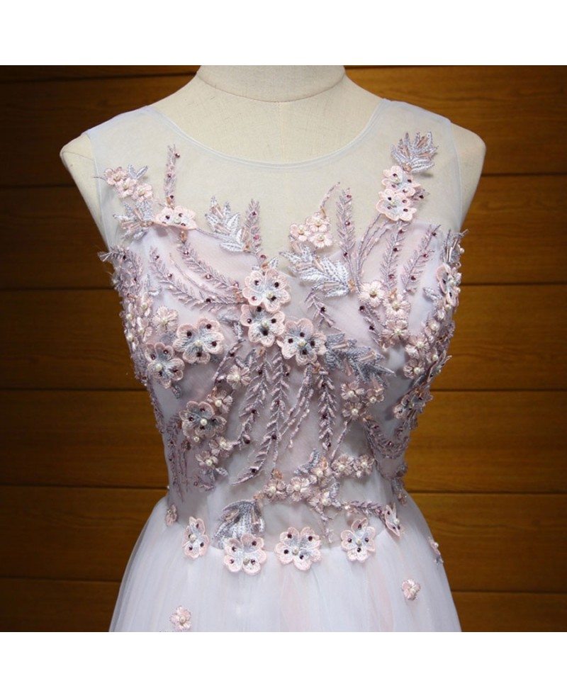 A Line Scoop Floor Length Sleeveless Tulle  Appliques Prom Dress LBQ2851