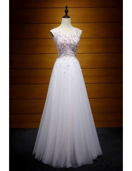 A Line Scoop Floor Length Sleeveless Tulle  Appliques Prom Dress LBQ2851 main image 1