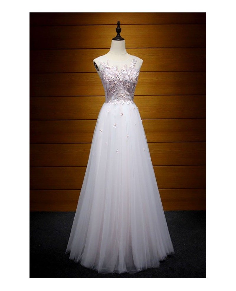 Feminine A Line Scoop Neck Floor Length Tulle Prom Dress With Appliques Lace Ay026 169 99