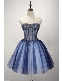 Blue Ball-gown Strapless Short Tulle Homecoming Dress With Beading