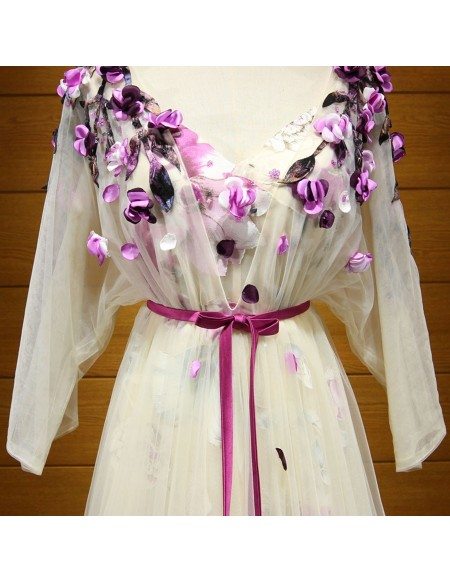 Feminine A-line V-neck Floor-length Tulle Prom Dress With Flowers