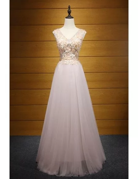 A Line V Neck Tulle Appliques Ruffles Prom Dress LBQ4179