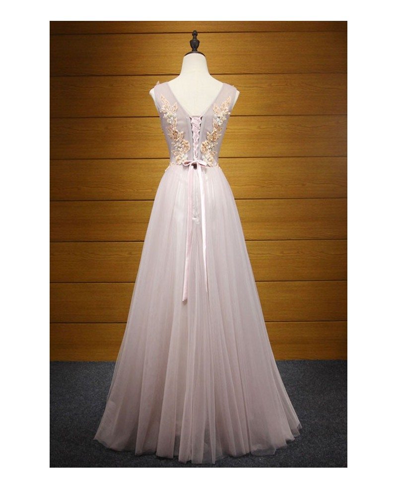 A-Line V-Neck Blush Long Ball Dress with Appliques main image 0