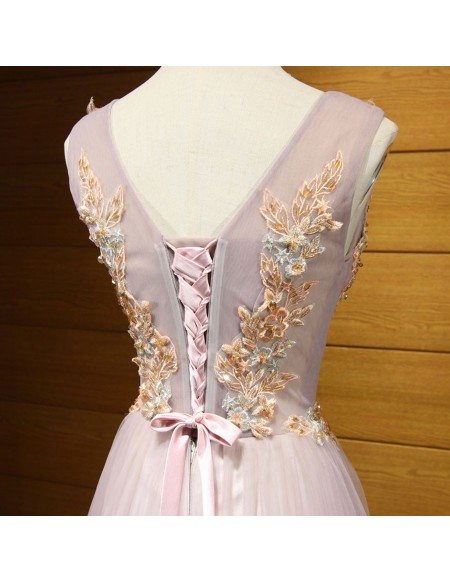 A-Line V-Neck Blush Long Ball Dress with Appliques