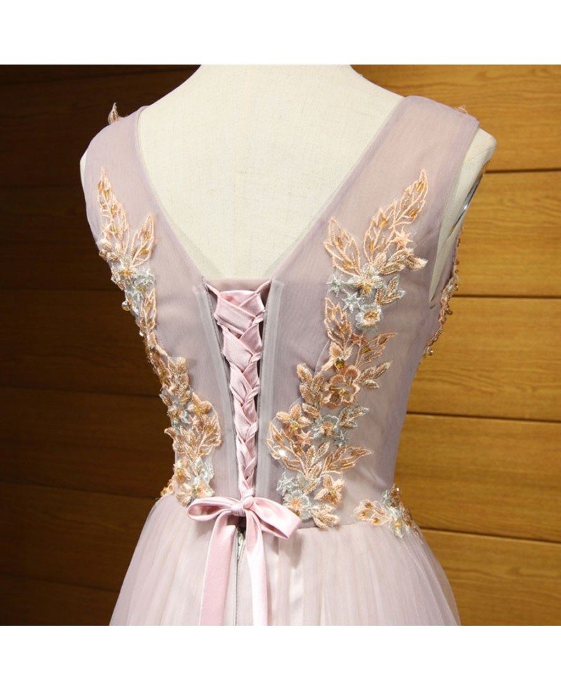 A Line V Neck Turquoise Tulle Prom Dress with Appliques and Beadings LBQ0245