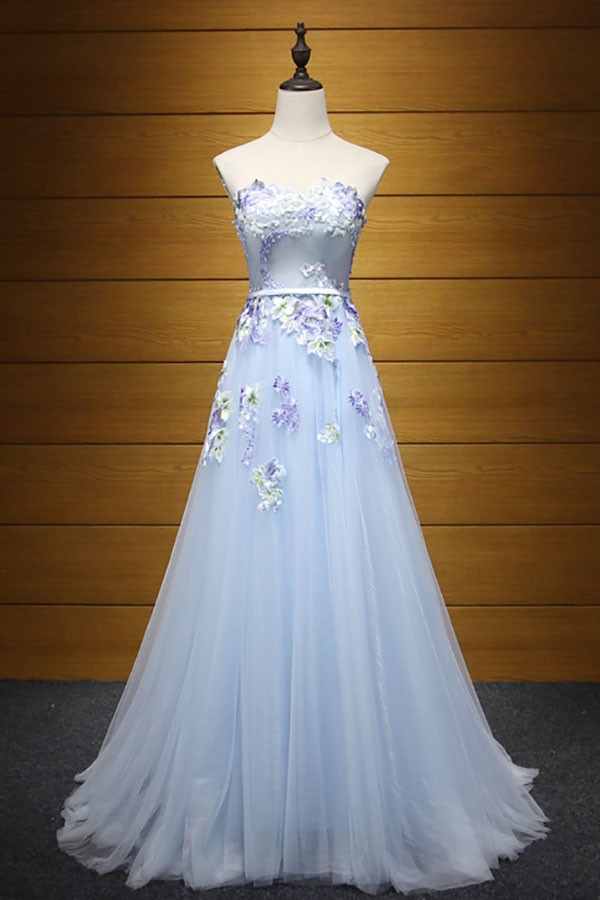 Blue Flower Lace Appliques Tulle Long Prom Dresses for Teens Y7044 main image 1