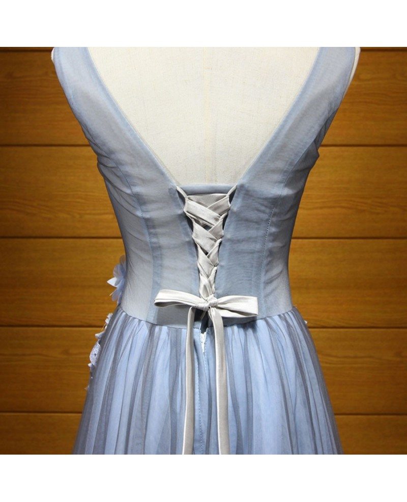 A-line Floor-length V-neck Long Tulle Lace Up Back Prom Dresses, PD0082